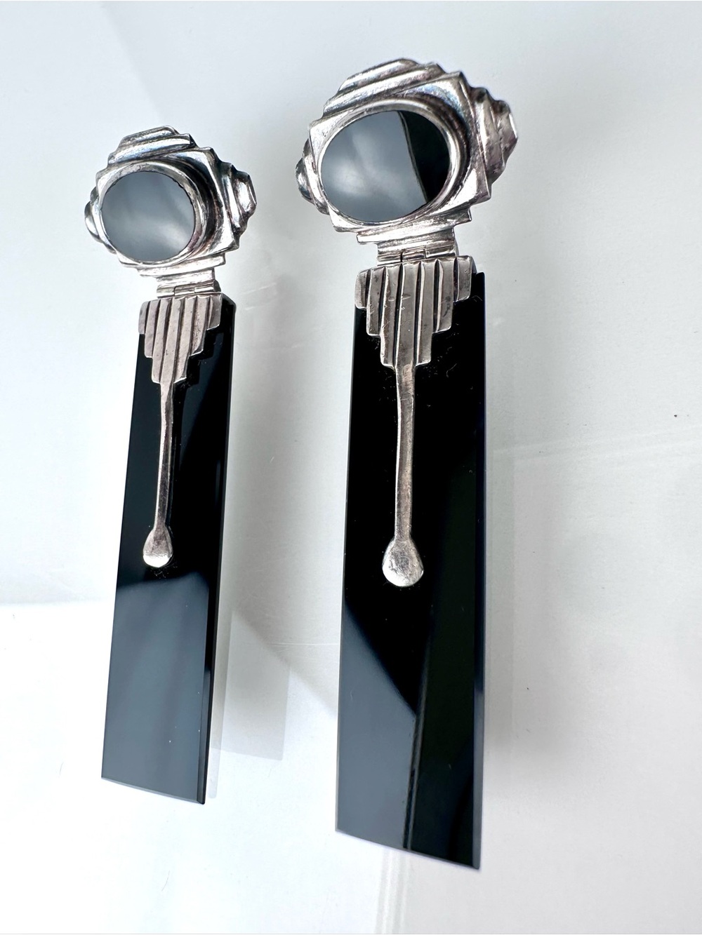 Vintage 925 Sterling Silver Black Onyx Art Deco Architectural Earrings